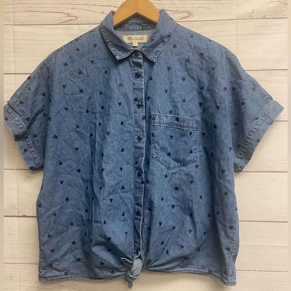 Madewell Women’s Denim Heart Print Front Tie Button Down Shirt